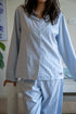 Women summer pajama set Light Blue Stripes Buttoned shirt + Pants